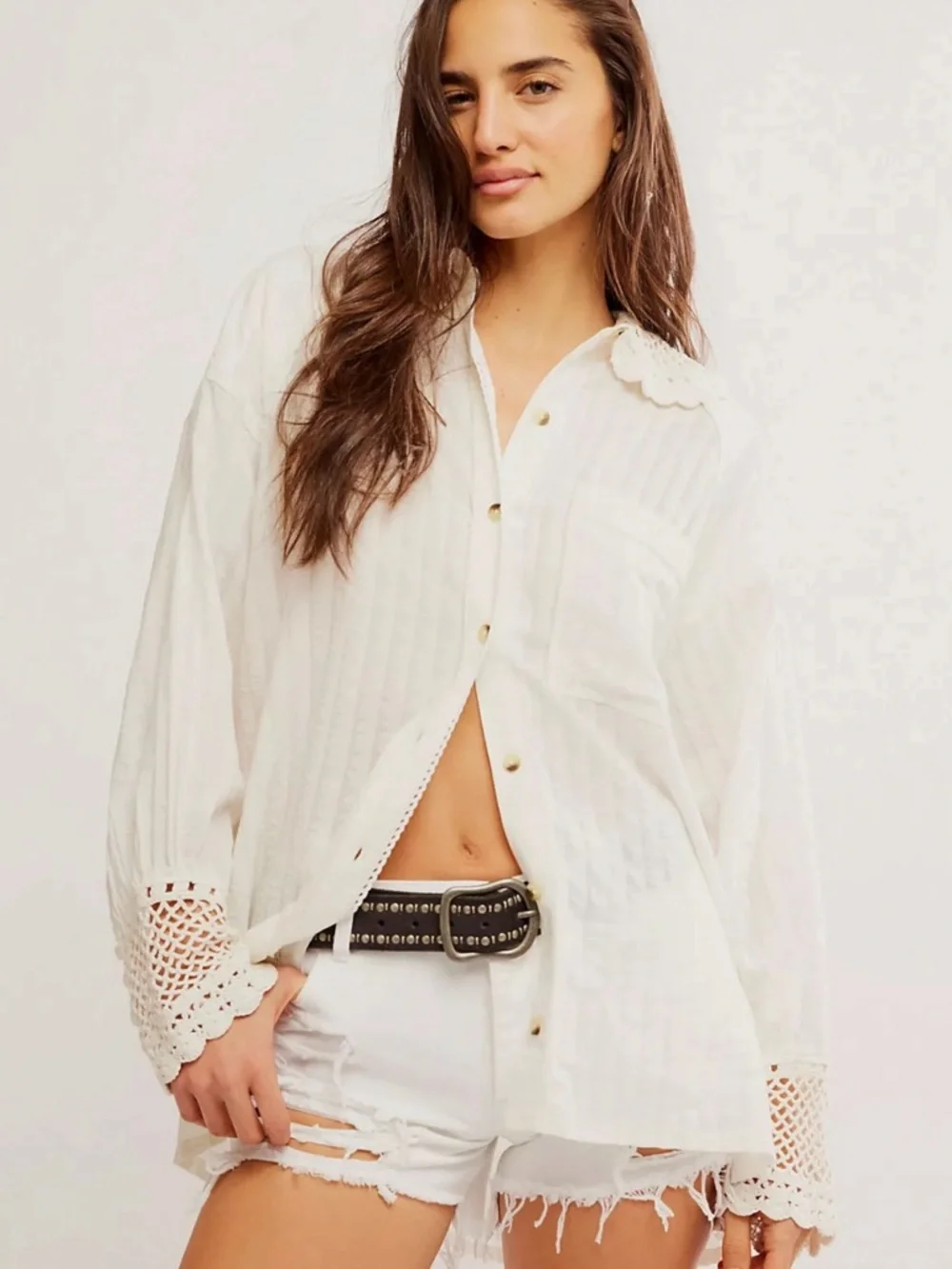 Free People Ethereal Dainty Cottage Rhiannon Crochet Shirt Ivory Size Large